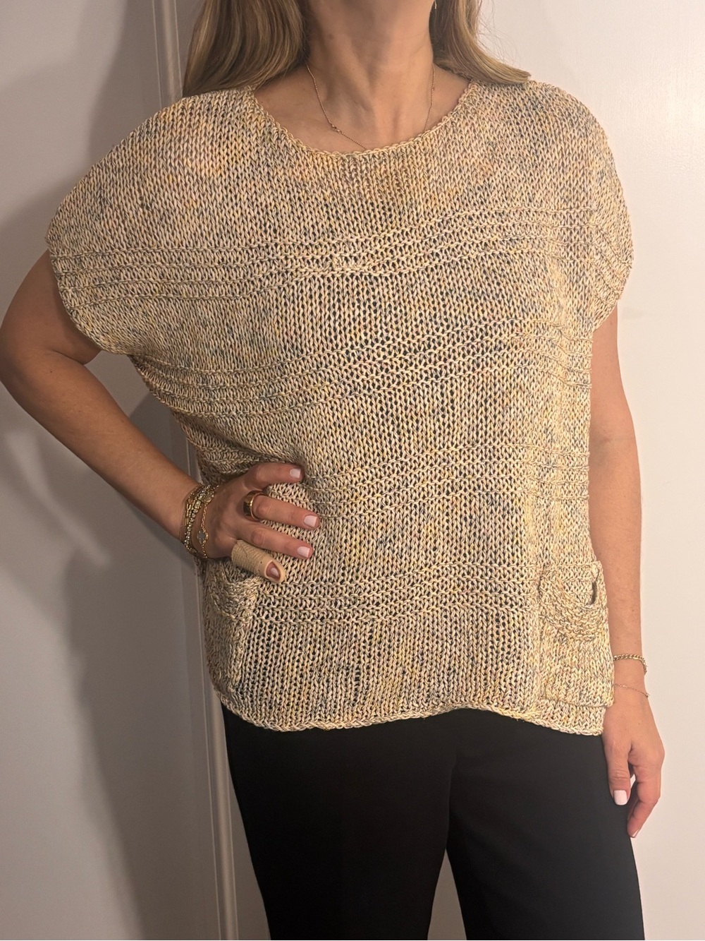 Theory Cotton Silk Marled Knit Dolman Pocket Sweater Beige Multi Size P